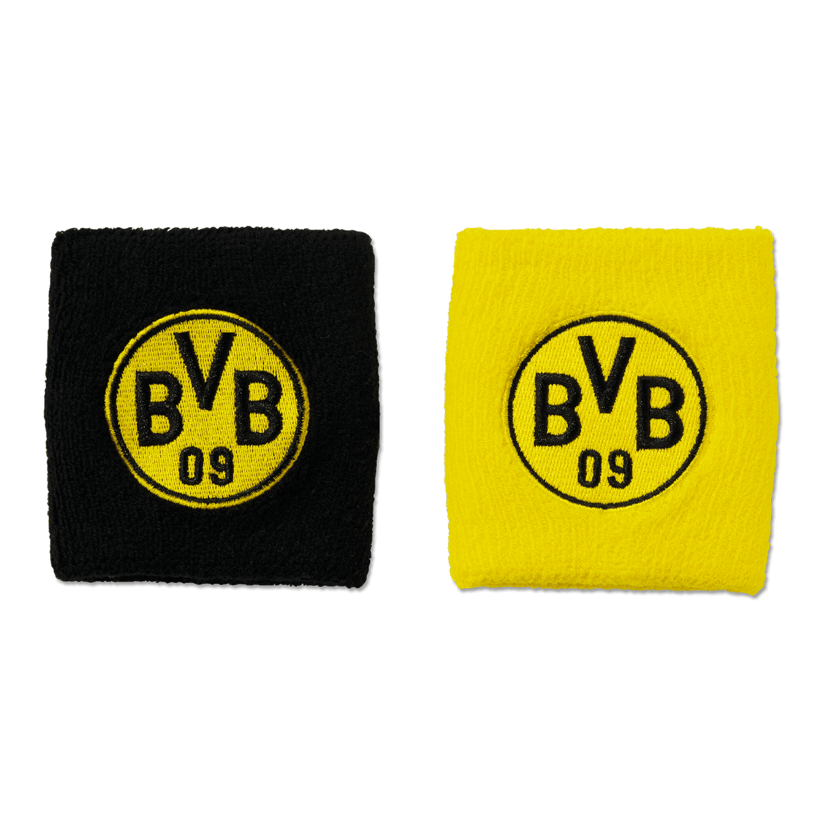 Un juego de dos pulseras del BVB en colores negro y amarillo, cada una con el logotipo del BVB bordado, ideales como complemento para los aficionados del Borussia Dortmund.
