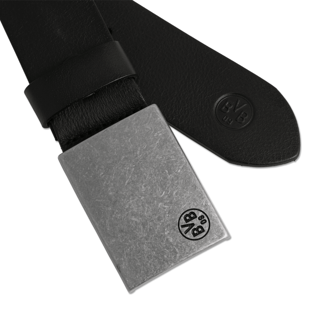 BVBの黒いレザーベルト。金属製のベルトバックルにはBVBのロゴが刻印されています。ボルシア・ドルトムントのサポーター向けの、高品質なファンアイテムです。