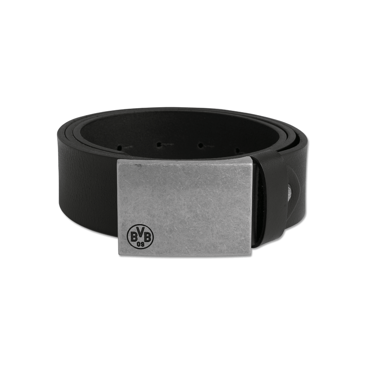 Ceinture en cuir noir du Borussia Dortmund, dotée d'une boucle rectangulaire argentée et d'un logo BVB discret.