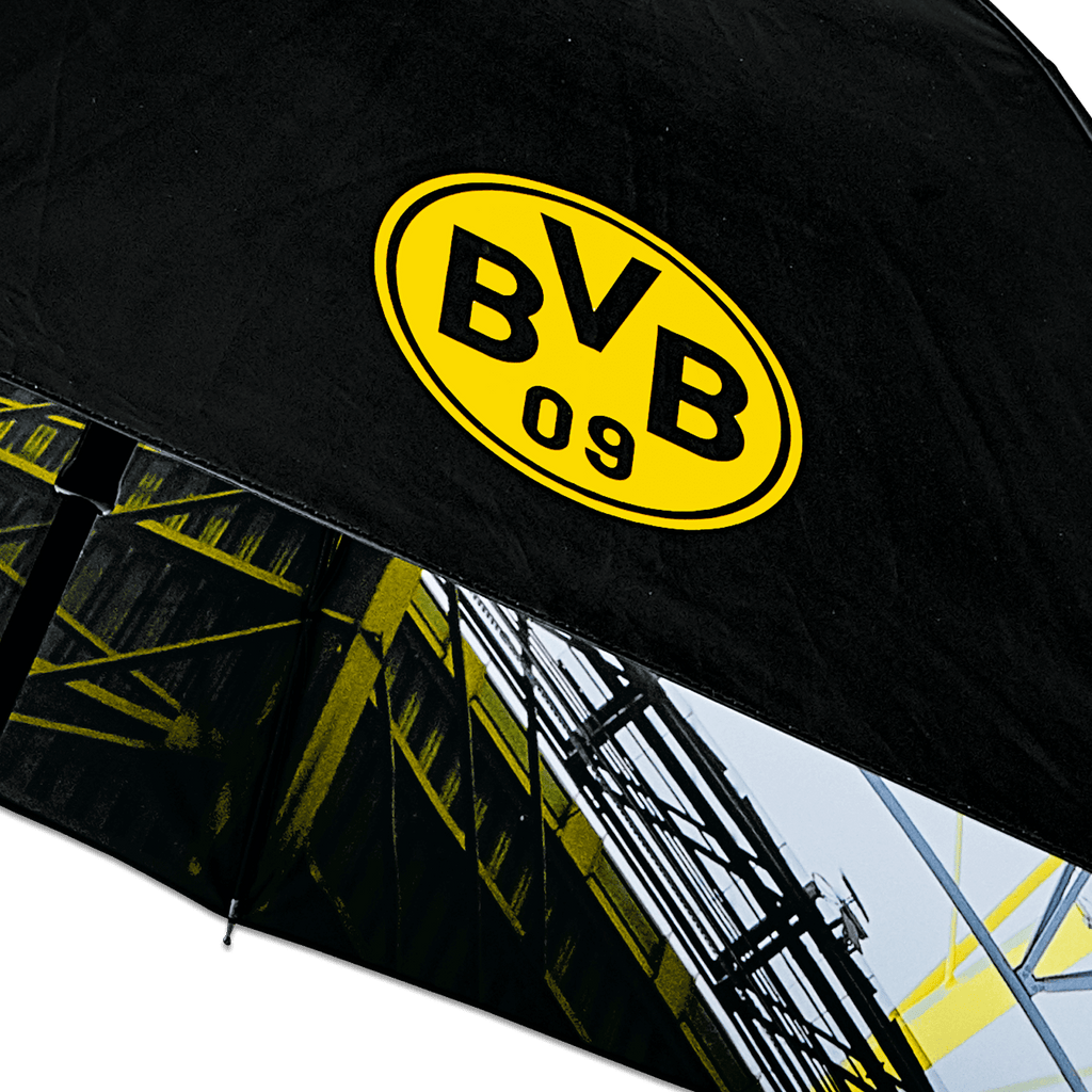 Black BVB umbrella with a yellow BVB logo and stadium designs in black and yellow. The perfect accessory for Borussia Dortmund fans.