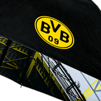 Black BVB umbrella with a yellow BVB logo and stadium designs in black and yellow. The perfect accessory for Borussia Dortmund fans.