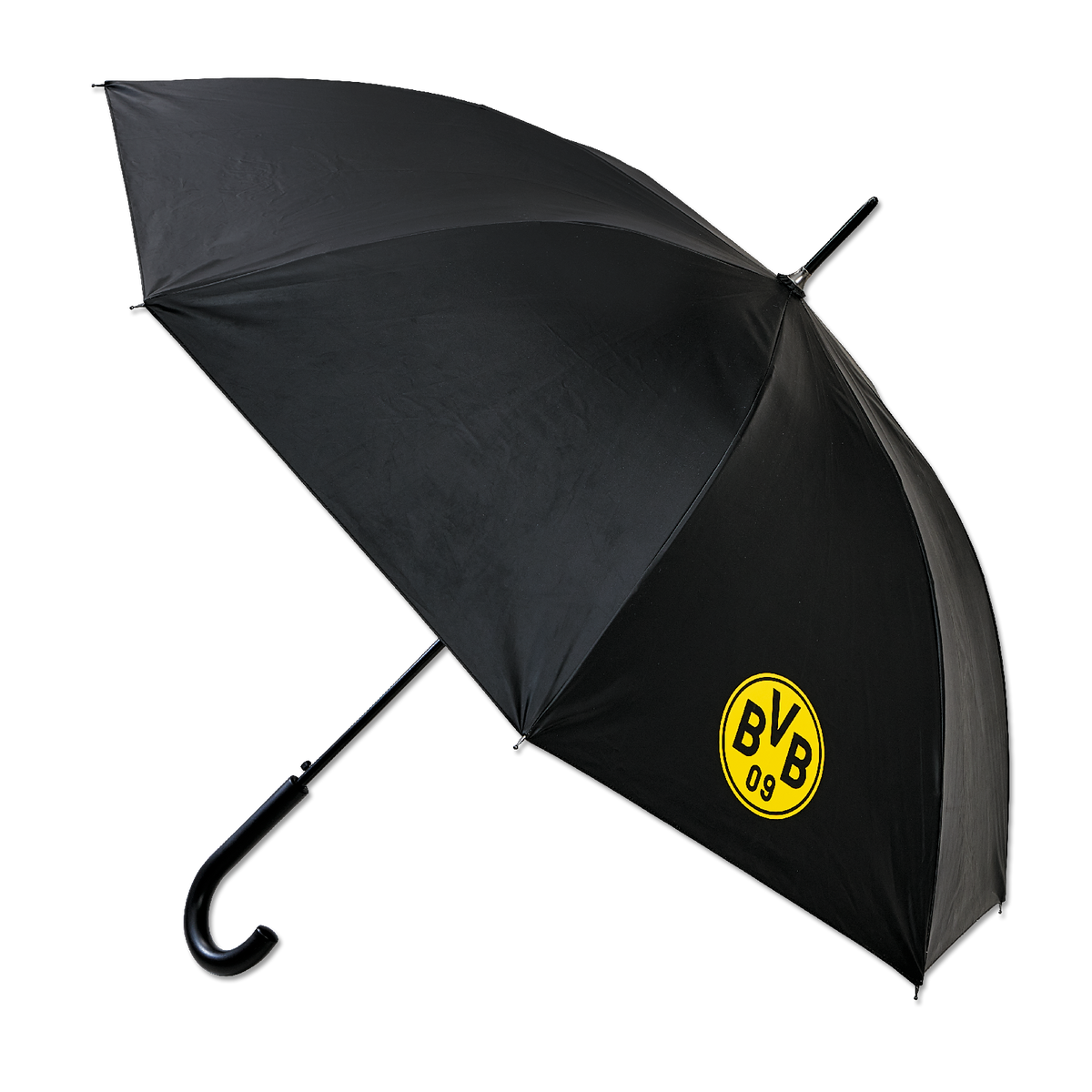 Parapluie noir du BVB avec le logo jaune du BVB et un manche courbé, idéal pour les supporters du Borussia Dortmund.