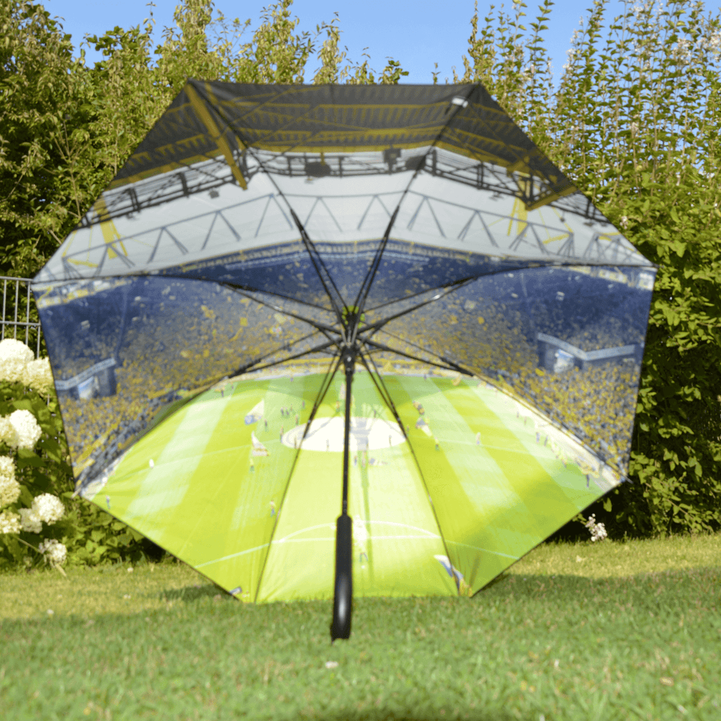 Élégant parapluie du BVB orné d'une illustration réaliste du stade SIGNAL IDUNA PARK, idéal pour les supporters du Borussia Dortmund.
