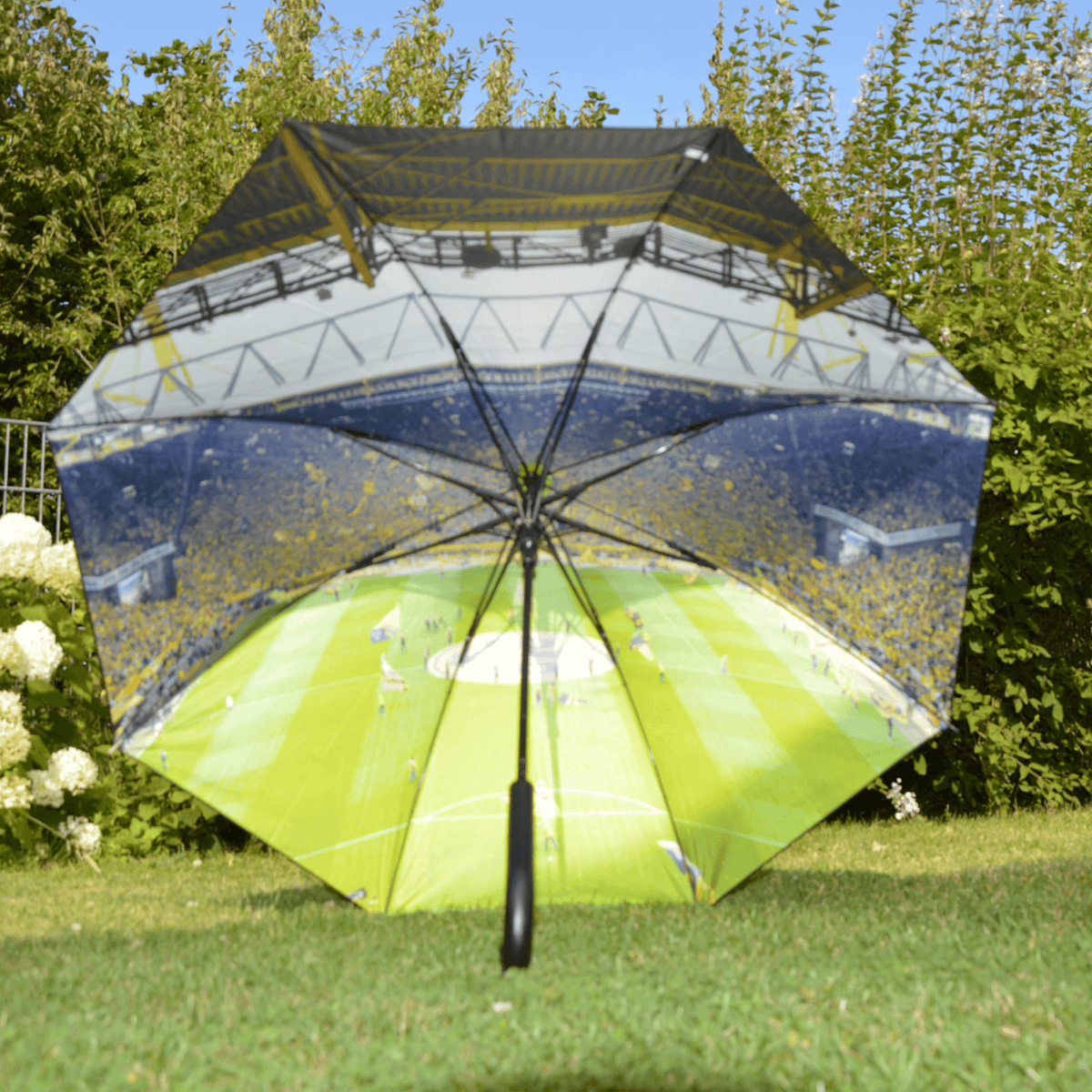 Stylish BVB umbrella featuring a realistic image of SIGNAL IDUNA PARK, ideal for Borussia Dortmund fans.