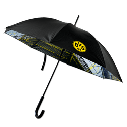 Paraguas del BVB con diseño en negro y amarillo, con el logotipo del BVB y una ilustración del estadio, ideal para los aficionados del Borussia Dortmund.