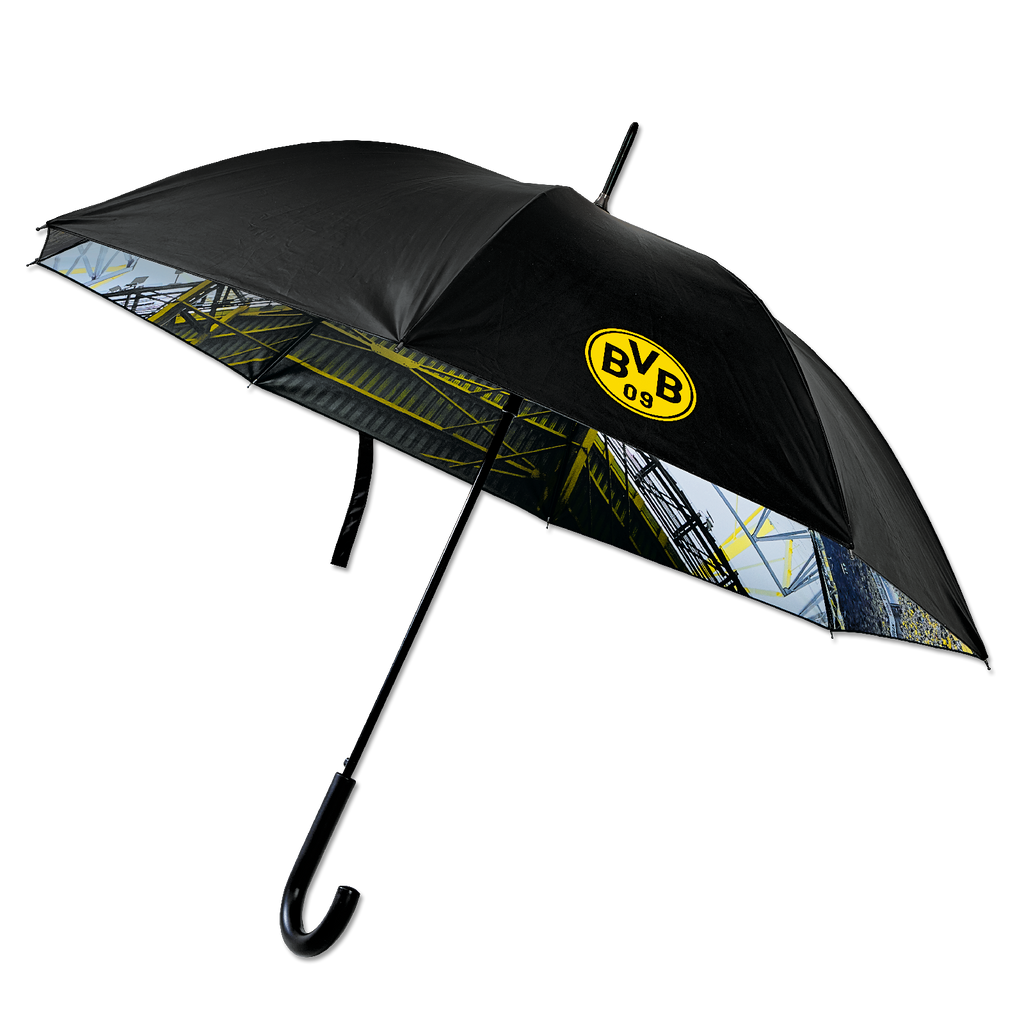 BVB umbrella in black-and-yellow design featuring the BVB logo and a stadium illustration, ideal for Borussia Dortmund fans.