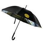 BVB umbrella in black-and-yellow design featuring the BVB logo and a stadium illustration, ideal for Borussia Dortmund fans.