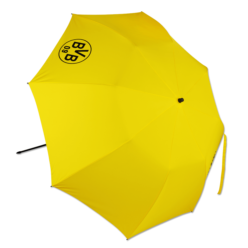 Gelber Sonnenschirm mit schwarzem BVB-09-Logo, ideal für Strandbesuche und Fans von Borussia Dortmund.