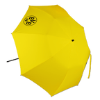 Gelber Sonnenschirm mit schwarzem BVB-09-Logo, ideal für Strandbesuche und Fans von Borussia Dortmund.