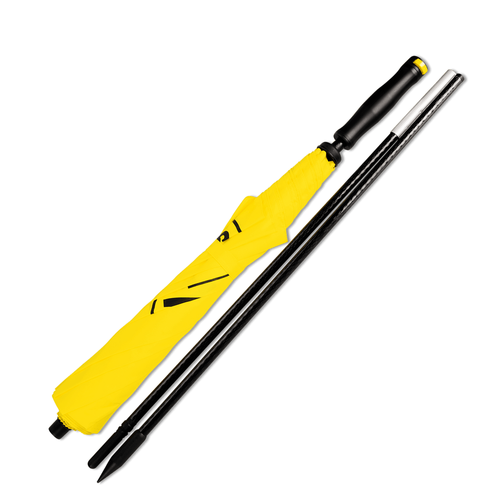 Strandsonnenschirm von Borussia Dortmund in charakteristischem schwarzgelbem Design, mit robustem Griff, ideal für Outdoor- und Fan-Aktivitäten.