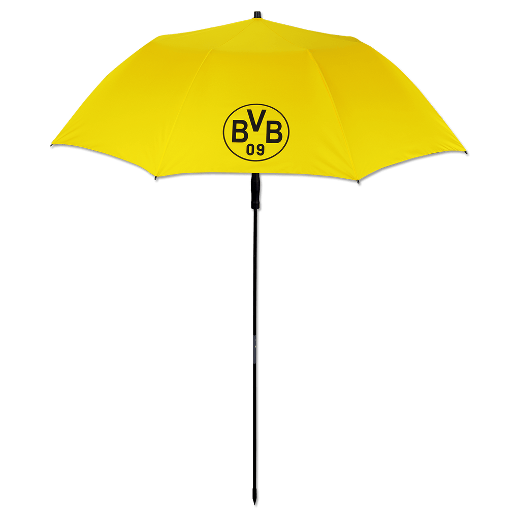 Schwarzgelber BVB-Sonnenschirm mit zentralem BVB-Logo, perfekt für heiße Sommertage am Strand oder im Garten.