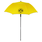 Schwarzgelber BVB-Sonnenschirm mit zentralem BVB-Logo, perfekt für heiße Sommertage am Strand oder im Garten.