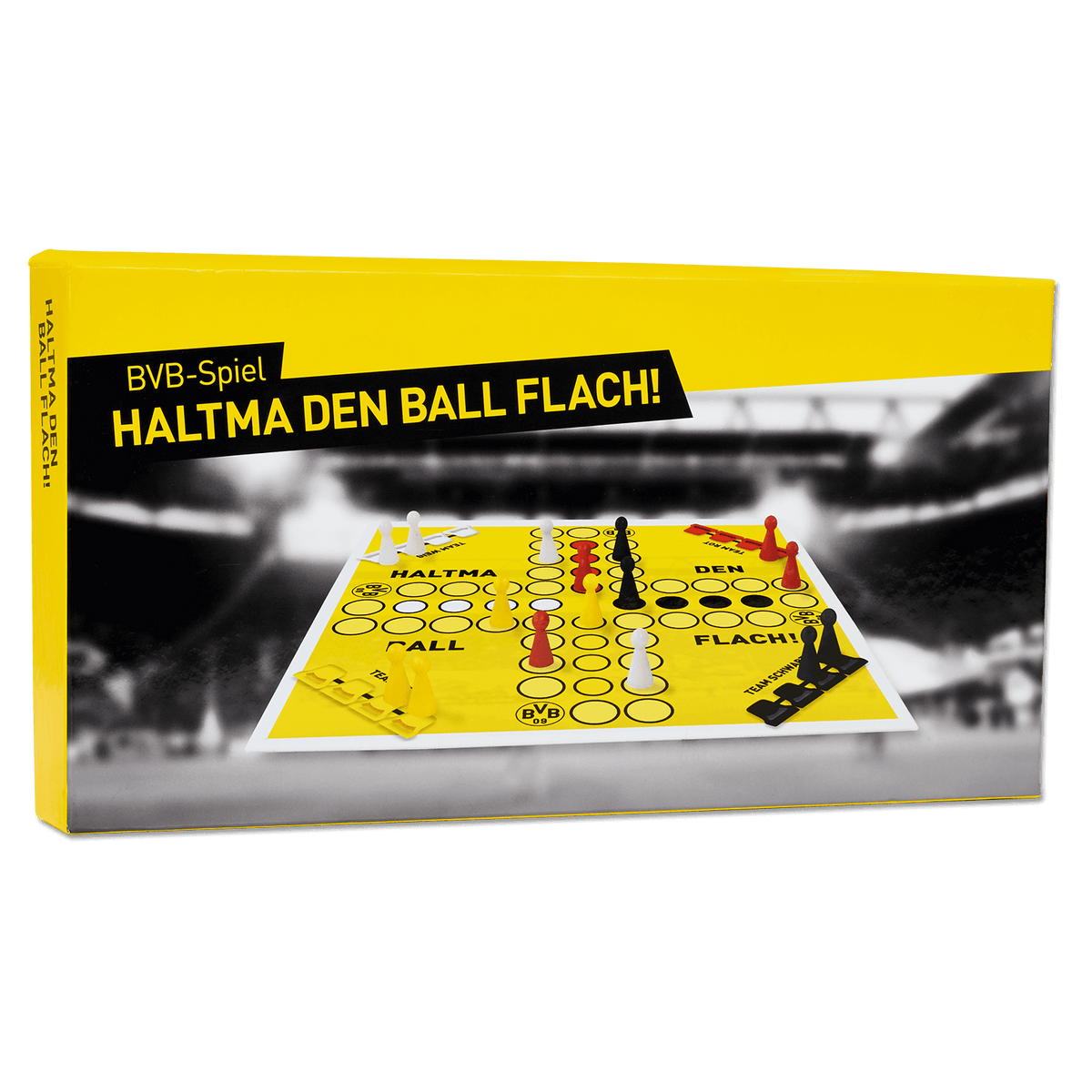 Jeu de société du BVB « Haltma den Ball flach » aux couleurs noir et jaune, avec plateau de jeu et pions, idéal pour les supporters du Borussia Dortmund et les amateurs de jeux de société.