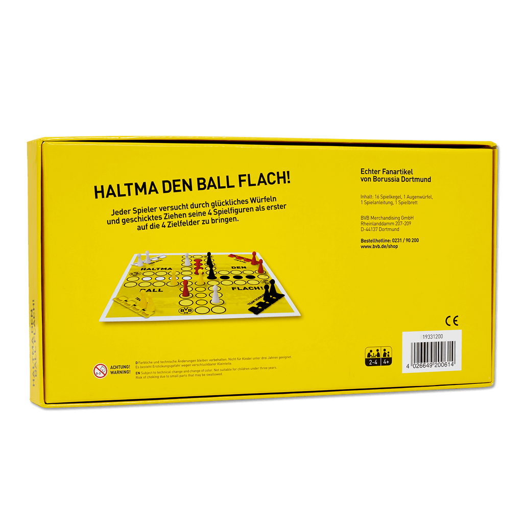 Le jeu de société du BVB « Haltma den Ball flach », avec un plateau de jeu noir et jaune et ses accessoires. Produit officiel du Borussia Dortmund.