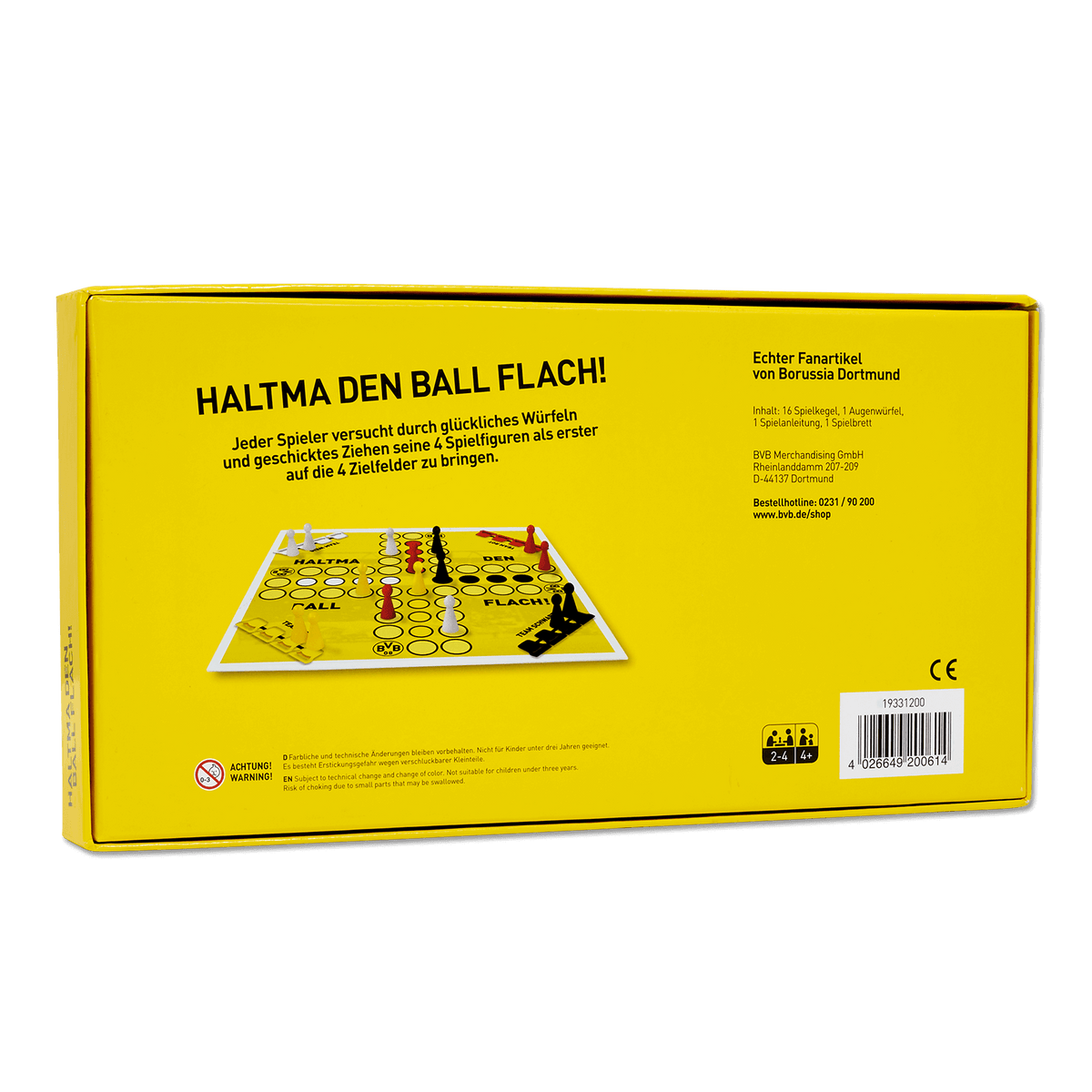 Le jeu de société du BVB « Haltma den Ball flach », avec un plateau de jeu noir et jaune et ses accessoires. Produit officiel du Borussia Dortmund.