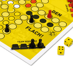 Jeu de société noir et jaune du BVB « Haltma den Ball flach » avec des pions, un plateau de jeu et des dés. Parfait pour les fans du Borussia Dortmund.