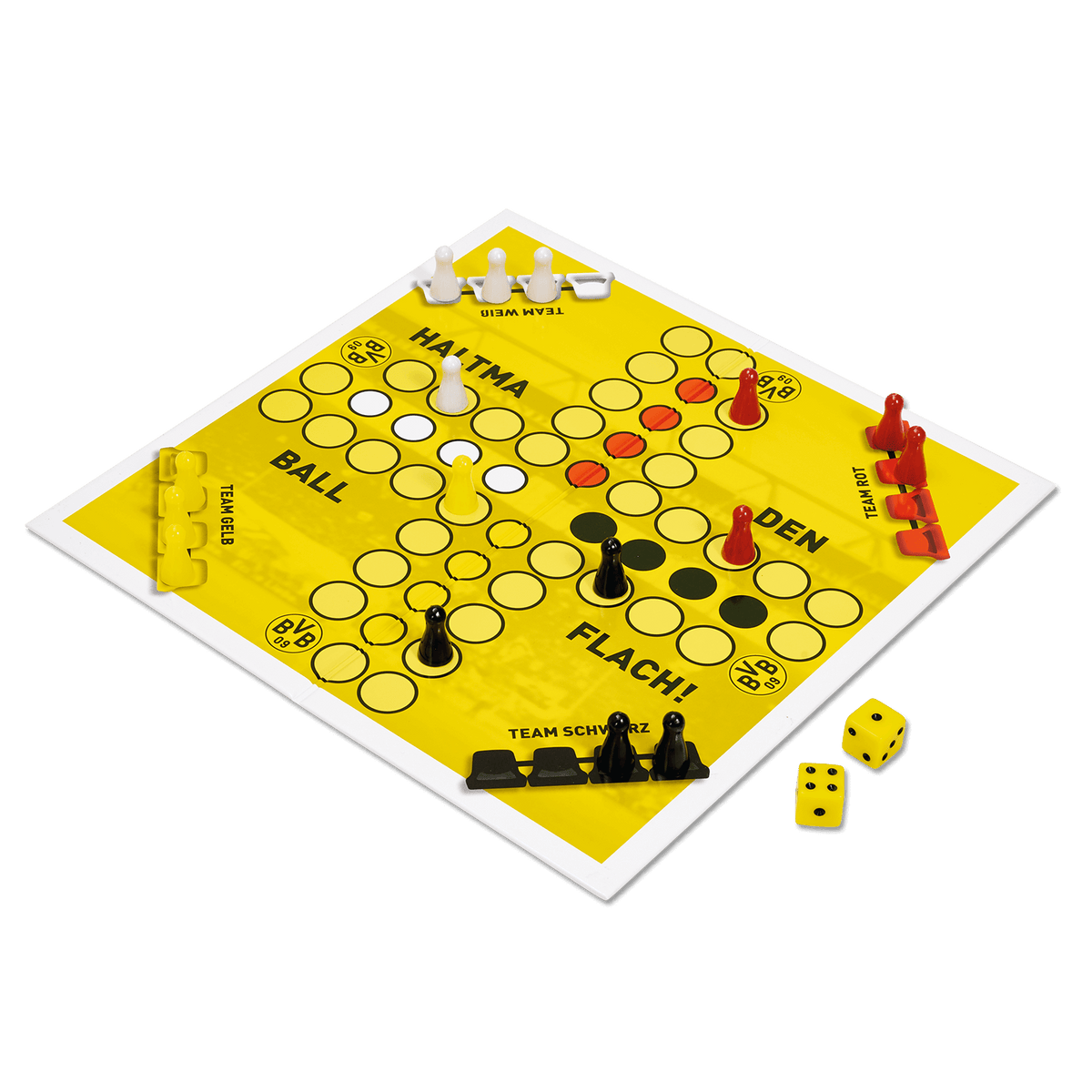 BVBのボードゲーム『Haltma den Ball flach!』は、ブラック＆イエローのカラーリングで、ゲーム駒とサイコロが付属しており、ボルシア・ドルトムントのファンに最適です。