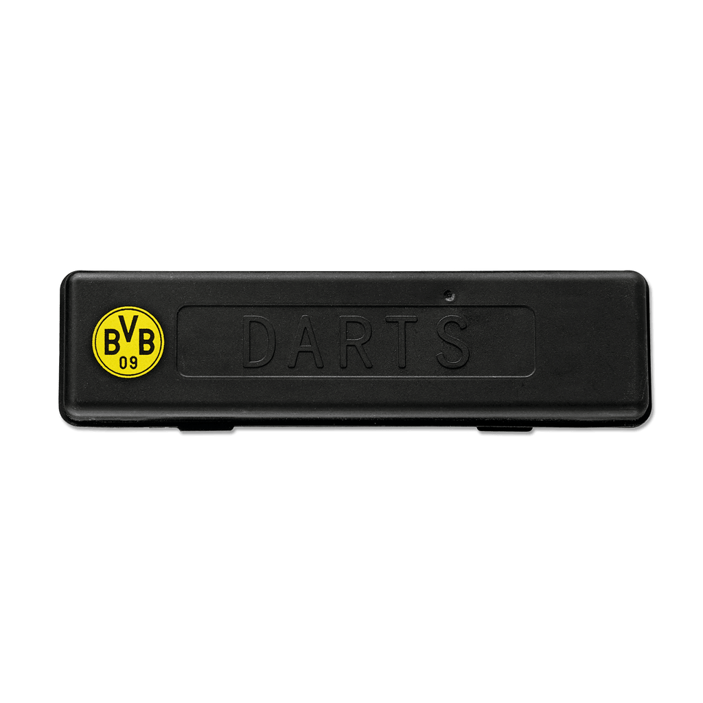 黒色のダーツボックスで、目を引く黄色のBVBロゴと「DARTS」の刻印が入っており、ボルシア・ドルトムントのファンに最適です。