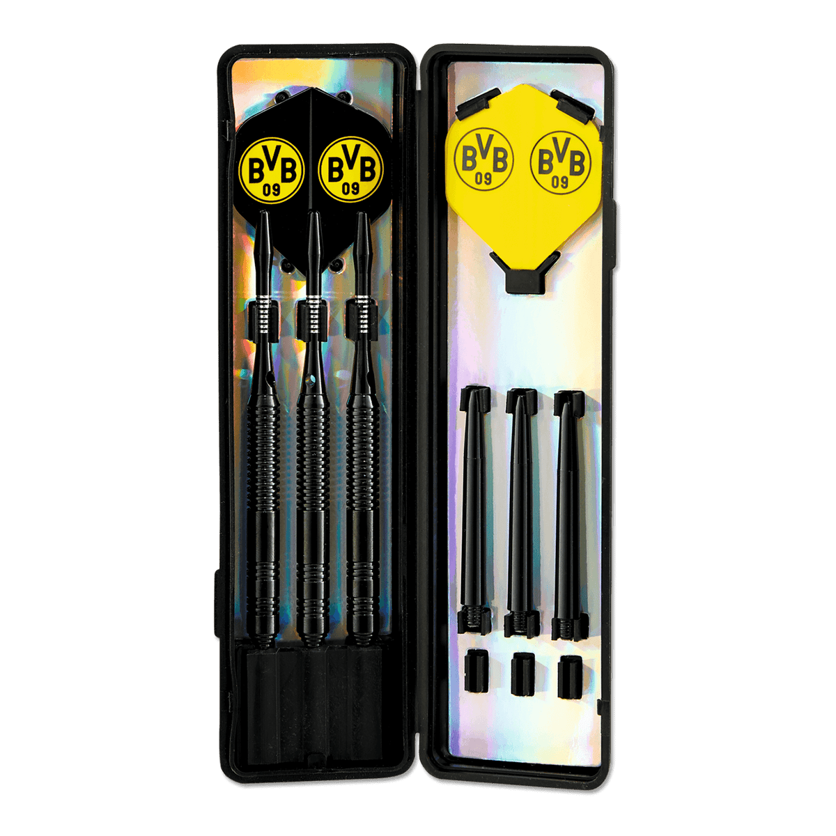 BVBのダーツセット。黒いダーツ3本、BVBのロゴ入り黒と黄色のフライト、そして便利なアクセサリーがスタイリッシュなボックスに収められており、ボルシア・ドルトムントのファンに最適です。