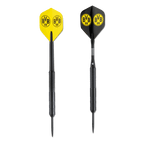 BVBのロゴが入った黒と黄色のBVBダーツ。ボルシア・ドルトムントのファンやダーツ愛好家に最適です。