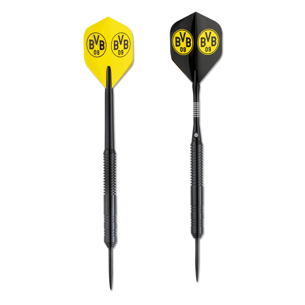 BVBのロゴが入った黒と黄色のBVBダーツ。ボルシア・ドルトムントのファンやダーツ愛好家に最適です。