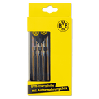 BVBの黒と黄色のデザインを施したダーツと、それに合わせた収納ボックス。ボルシア・ドルトムントのファンやダーツ愛好家に最適です。