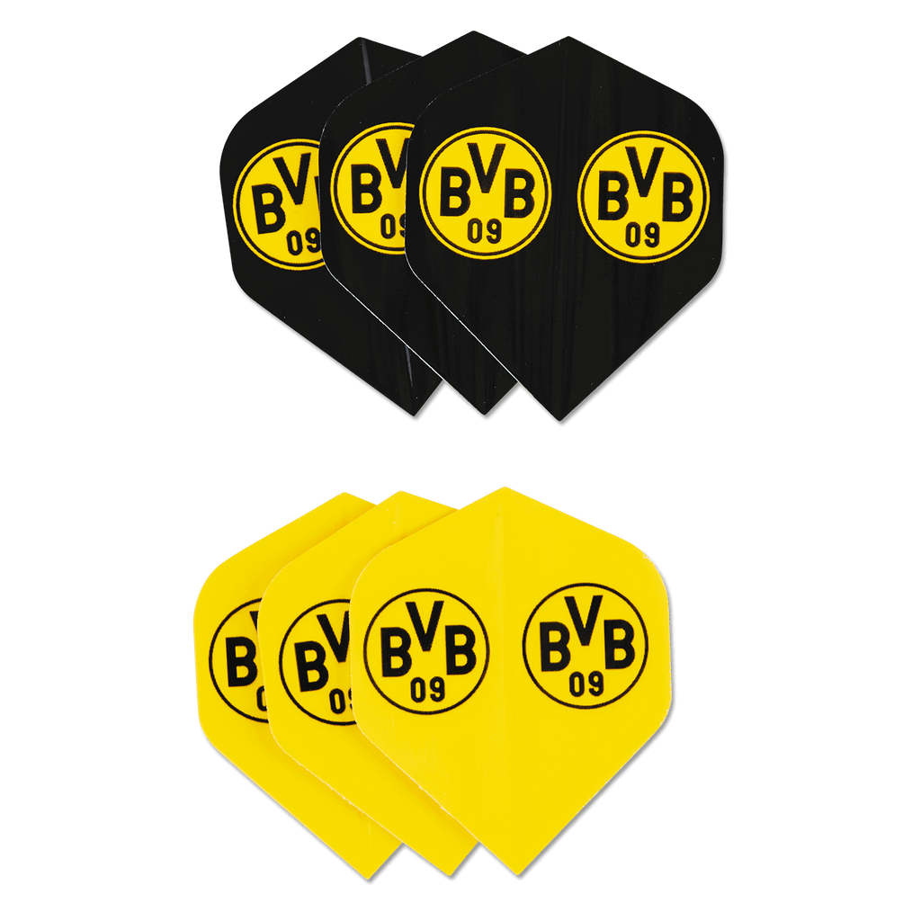 BVB dart flights in the club colors of black and yellow, featuring the BVB 09 logo. The perfect accessory for Borussia Dortmund fans.