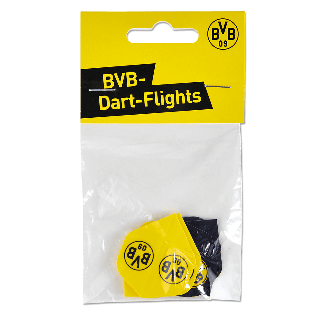 A set of BVB dart flights in black and yellow featuring the BVB logo, packaged in a clear plastic sleeve with BVB lettering.