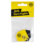 A set of BVB dart flights in black and yellow featuring the BVB logo, packaged in a clear plastic sleeve with BVB lettering.