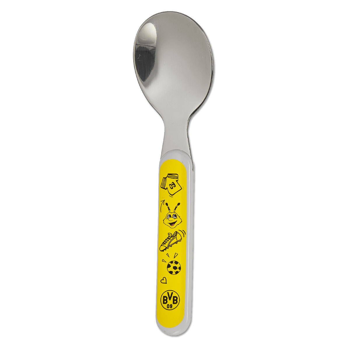 Kinderlöffel mit gelbem Griff, BVB-Logo und EMMA als Motiv, ideal für junge Borussia Dortmund Fans.