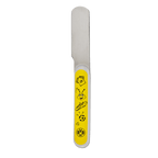 Children's knife with a yellow handle and black-and-yellow BVB motifs such as the emblem, soccer ball, and EMMA; perfect for young Borussia Dortmund fans.