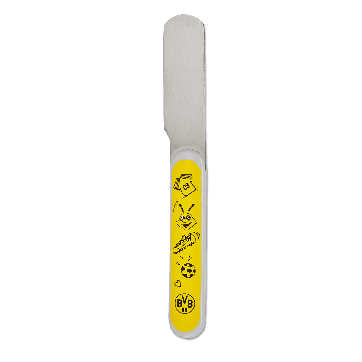 Children's knife with a yellow handle and black-and-yellow BVB motifs such as the emblem, soccer ball, and EMMA; perfect for young Borussia Dortmund fans.