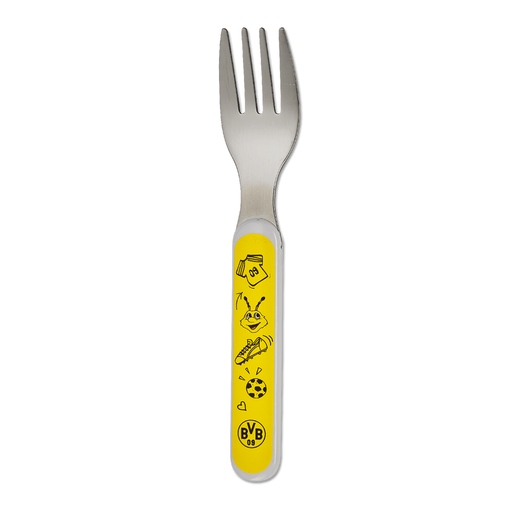 Borussia Dortmund children's fork with a yellow handle, decorated with soccer motifs and the BVB logo.