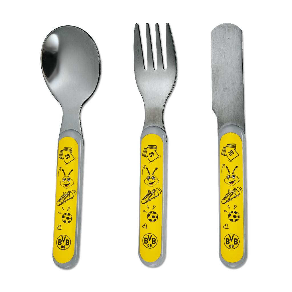 Children's cutlery set in black and yellow with the BVB logo and EMMA design, perfect for young Borussia Dortmund fans.