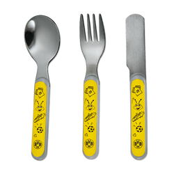 Children's cutlery set in black and yellow with the BVB logo and EMMA design, perfect for young Borussia Dortmund fans.