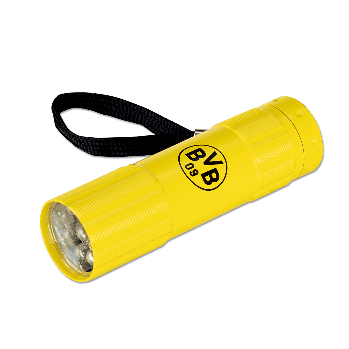 Lampe de poche jaune du BVB, ornée du logo noir « BVB 09 » et dotée d'une dragonne pratique, idéale pour les supporters du Borussia Dortmund.