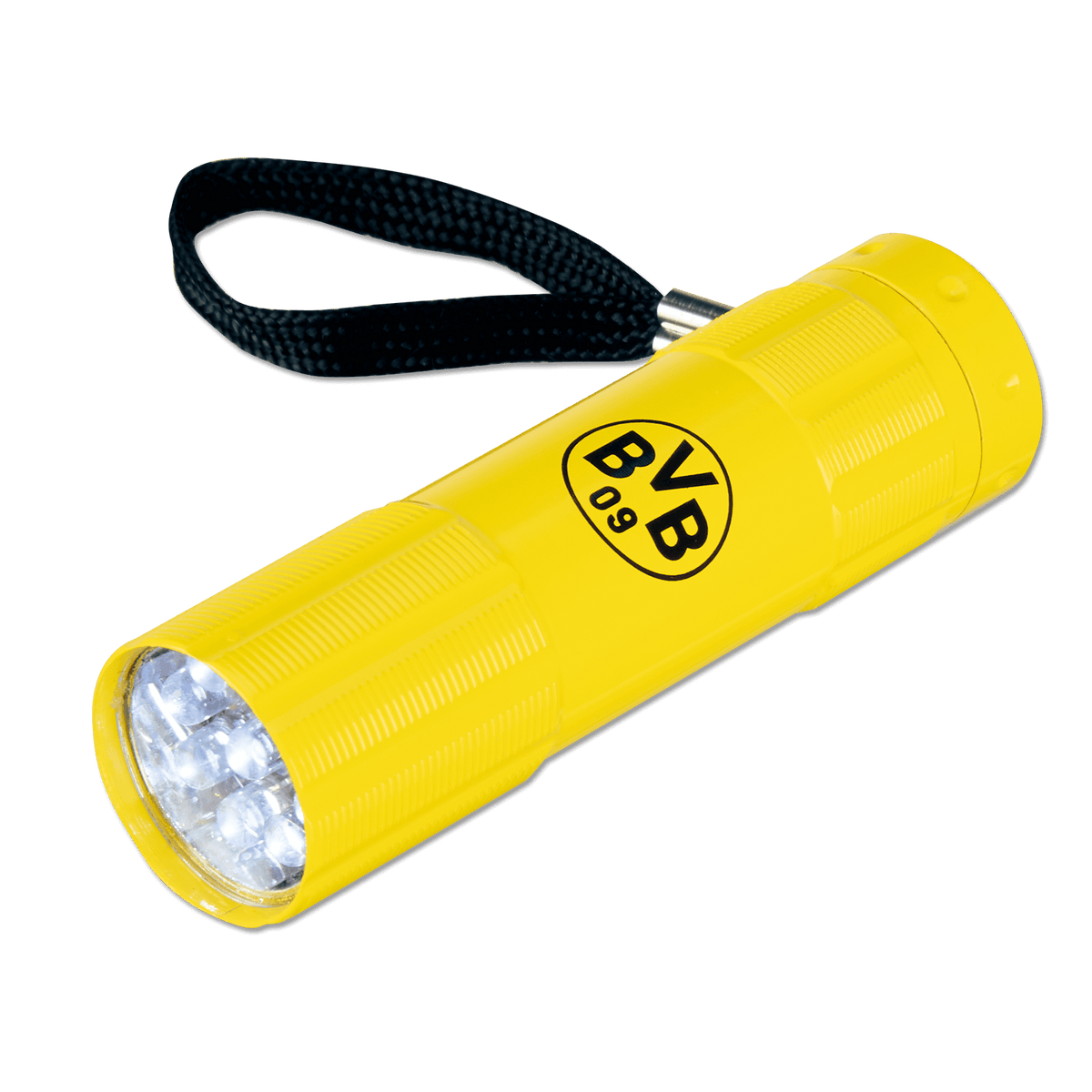 Lampe de poche jaune du BVB, avec le logo noir du club et une dragonne noire, idéale pour les supporters du Borussia Dortmund.