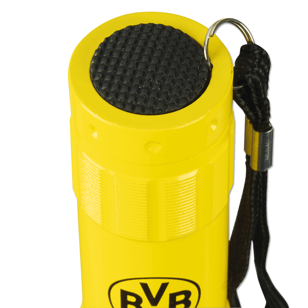 Lampe de poche compacte, de couleur jaune, aux couleurs du BVB (noir et jaune), ornée du logo du club et dotée d'une dragonne, idéale pour les supporters du Borussia Dortmund.