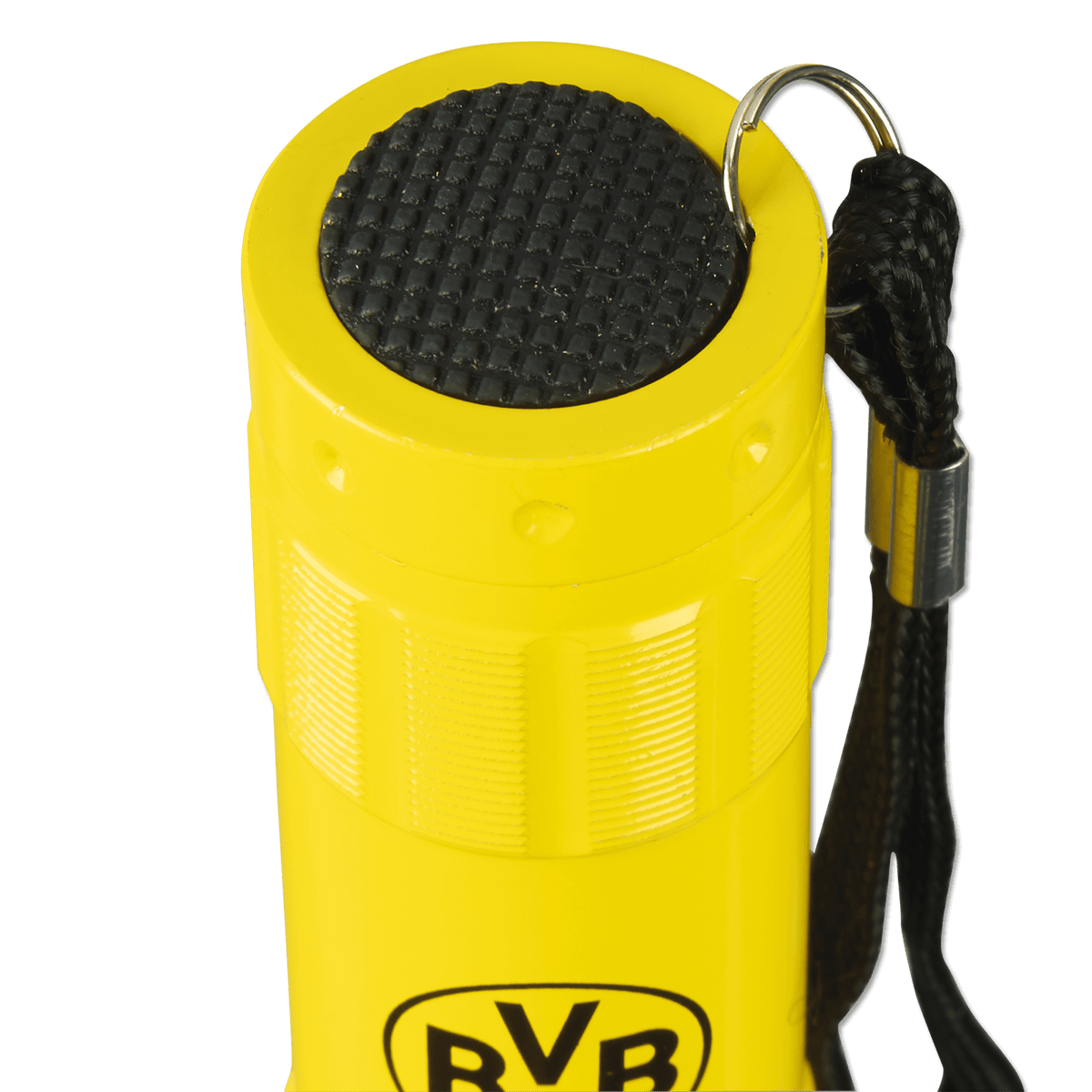 Lampe de poche compacte, de couleur jaune, aux couleurs du BVB (noir et jaune), ornée du logo du club et dotée d'une dragonne, idéale pour les supporters du Borussia Dortmund.