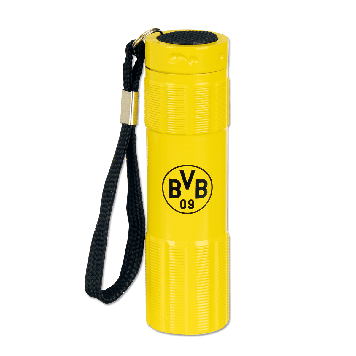 Linterna amarilla del BVB con correa negra y el logotipo del BVB, ideal para los aficionados del Borussia Dortmund.