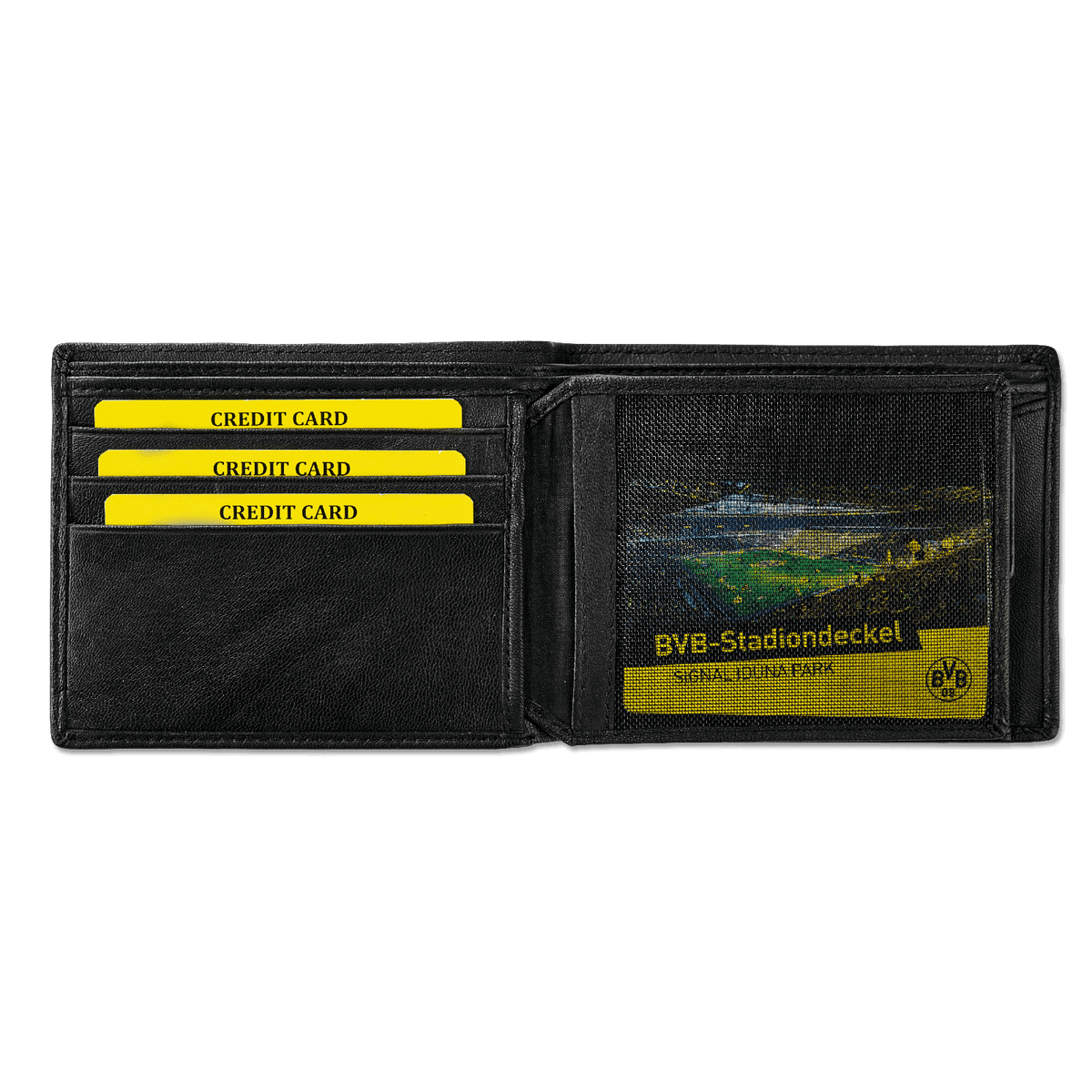 Portafoglio nero in pelle del BVB aperto, con scomparti per le carte e coperchio con motivo dello stadio, con il motivo del SIGNAL IDUNA PARK ben visibile.