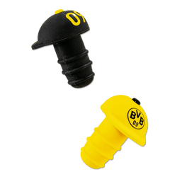 Bouchons de bouteille noir et jaune arborant le logo du BVB et le chiffre 09, articles pour les supporters du Borussia Dortmund.