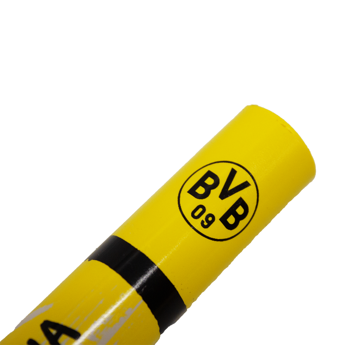 Lápiz borrador amarillo de la colección de artículos para aficionados del Borussia Dortmund, con el logotipo «BVB 09» y un diseño de rayas negras.