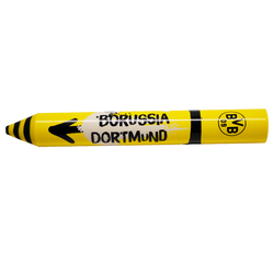 Lápiz borrador amarillo con el diseño del Borussia Dortmund, en colores negro y amarillo, con el logotipo del BVB y una inscripción decorativa.