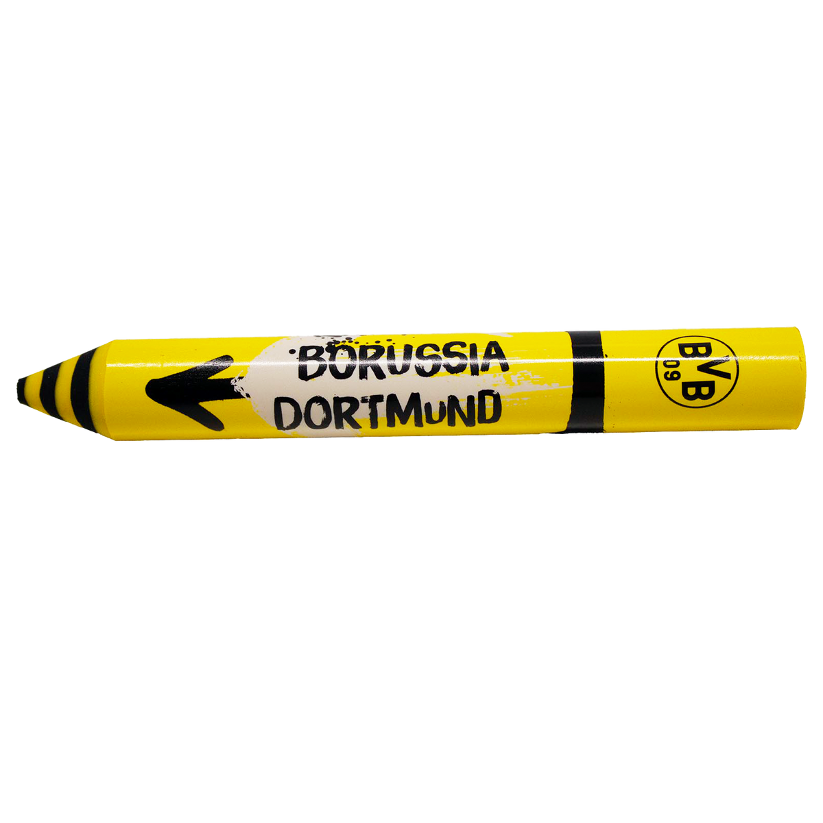 Gelber Radierstift im Borussia Dortmund-Design mit schwarzgelber Farbgebung, BVB-Logo und dekorativem Schriftzug.