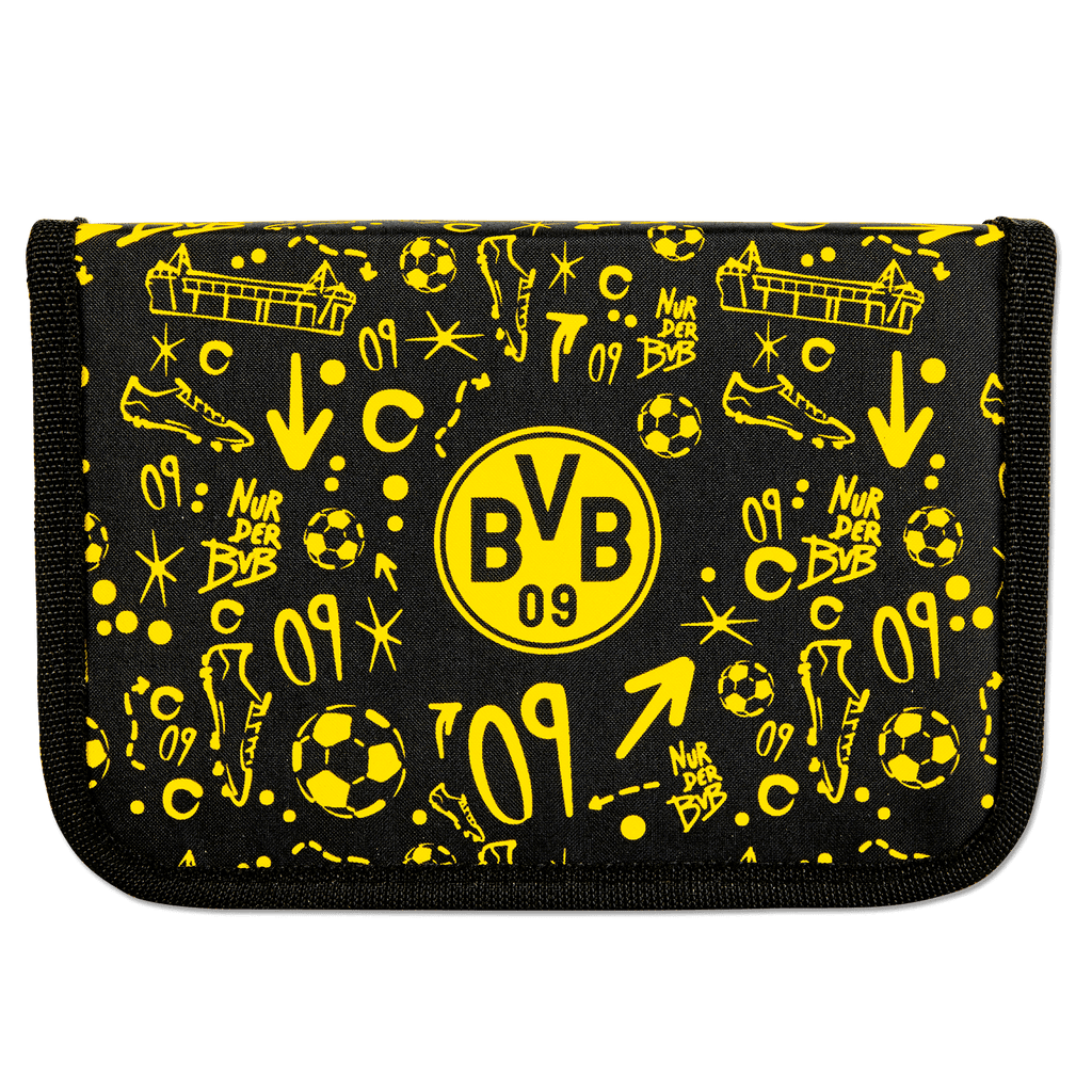 Schwarzgelbes Borussia Dortmund Stifteetui mit BVB-Logo, dekorativen Fußball- und Stadionmotiven sowie 'Nur der BVB'-Schriftzügen.