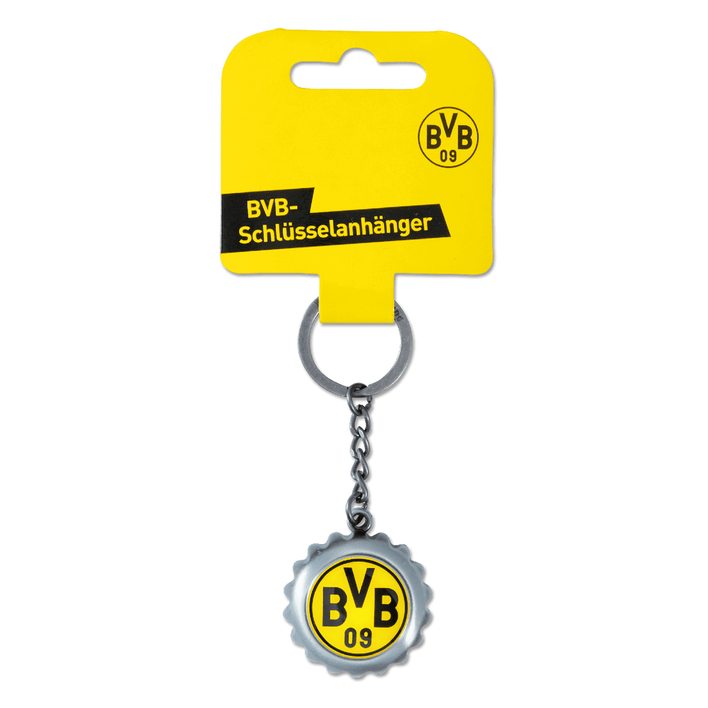 Porte-clés du Borussia Dortmund au design « capsule de bière », avec le logo noir et jaune du BVB – l'accessoire idéal pour les supporters.