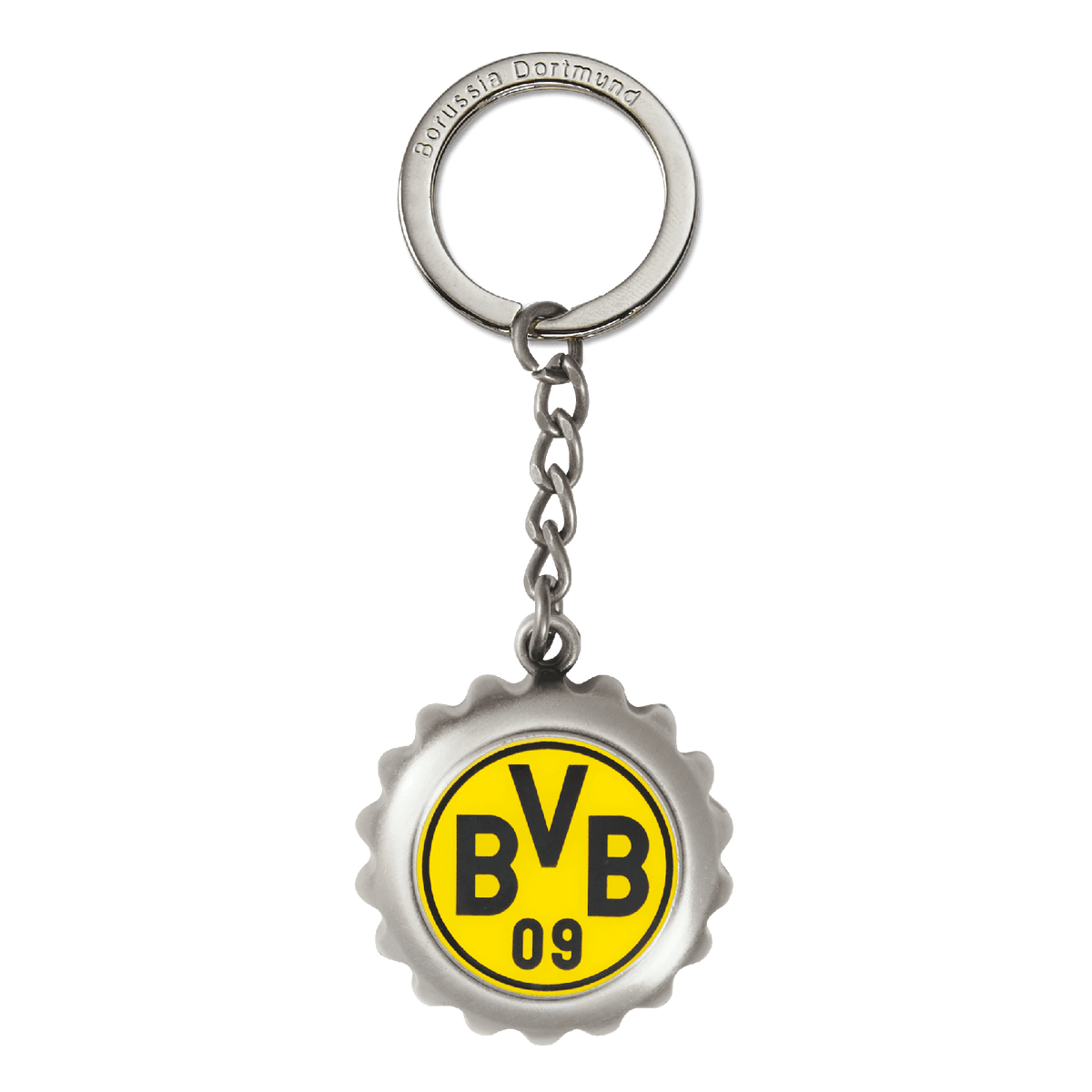 Porte-clés du Borussia Dortmund arborant le logo emblématique du BVB en noir et jaune, dans un support métallique robuste.