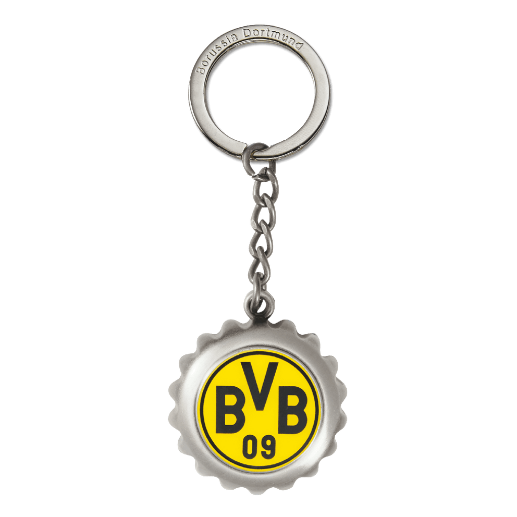 Porte-clés du Borussia Dortmund arborant le logo emblématique du BVB en noir et jaune, dans un support métallique robuste.