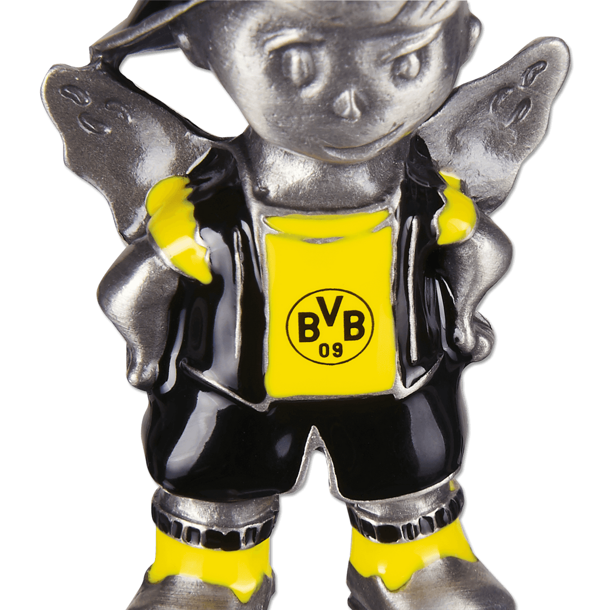 Llavero metálico del BVB con forma de ángel de la guarda, con camiseta negra y amarilla, gran nivel de detalle y el logotipo del BVB.